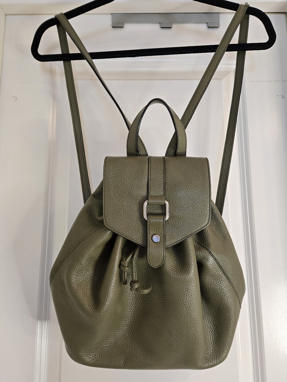 A.Bellucci Olive Green Leather Women's Backpack - Drawstring Design